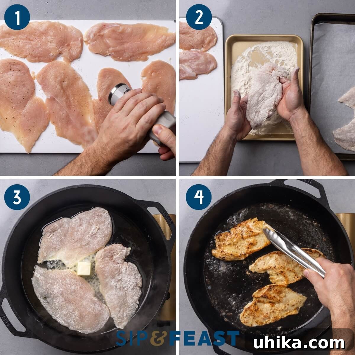 Classic Chicken Valdostana 5 A three-panel collage demonstrating the initial steps of preparing Chicken Valdostana: seasoning raw chicken cutlets with salt and pepper, dredging the cutlets in flour, and searing them to a golden brown in a hot skillet with olive oil and butter.