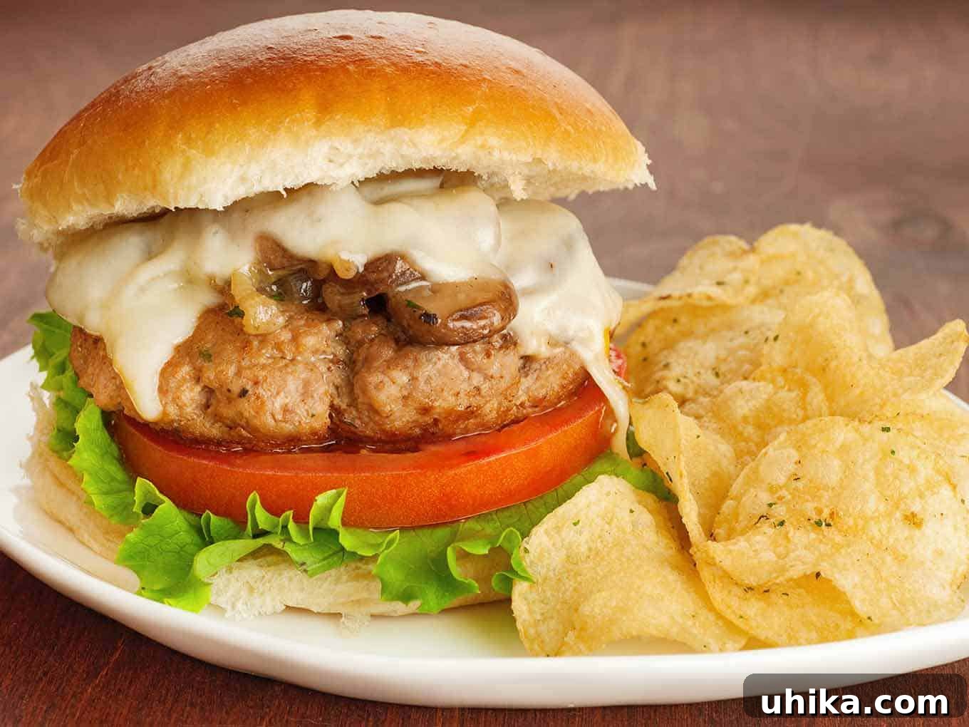 Gourmet Turkey Mushroom Burgers 2 A perfectly pan-seared turkey burger, rich with sautéed mushrooms and caramelized onions, and topped with melted muenster cheese, nestled in a soft bun with crisp lettuce and a ripe tomato slice. Served alongside golden potato chips for a complete meal.