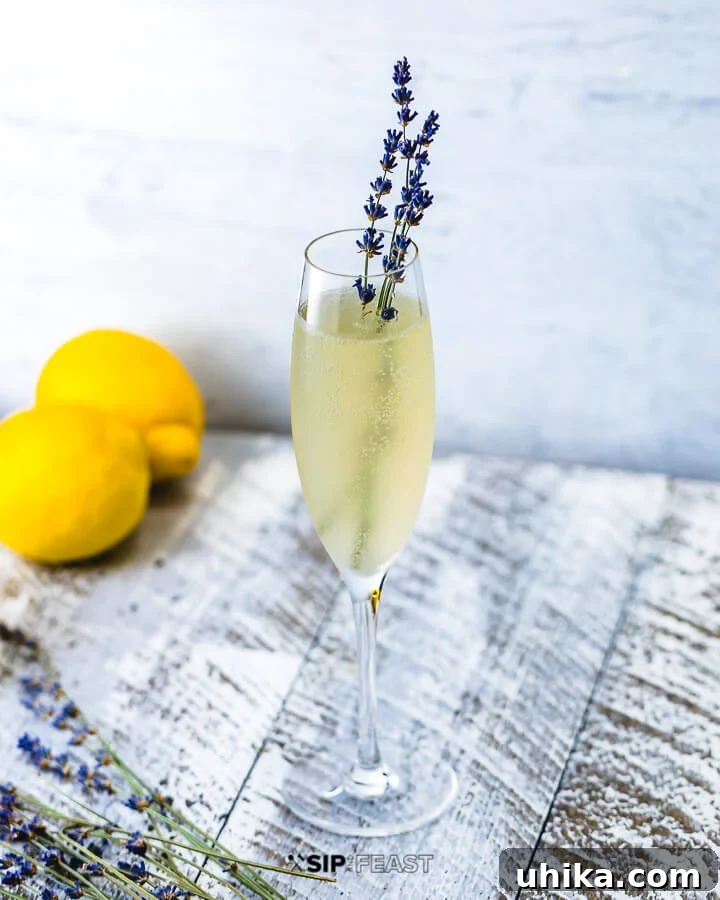 Elegant Lavender French 75 with Fresh Garnish Champagne flute filled with Lavender French 75, garnished with a sprig of fresh lavender and a lemon slice, against a soft background.