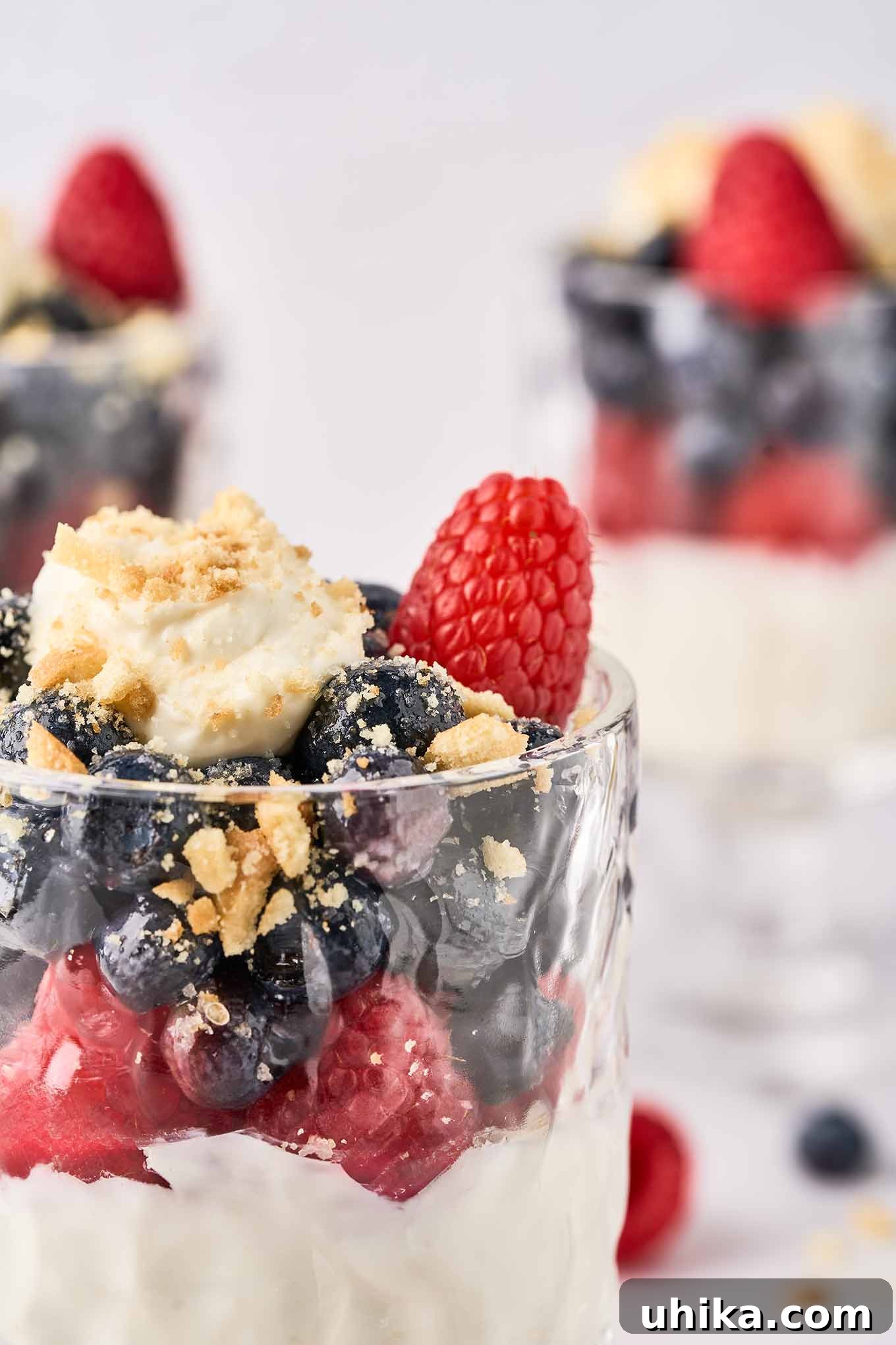 Layered No-Bake Cheesecake Delights 5 A close-up view of a parfait glass with no-bake cheesecake topped with raspberries, sugared blueberries and crumbled vanilla wafers.
