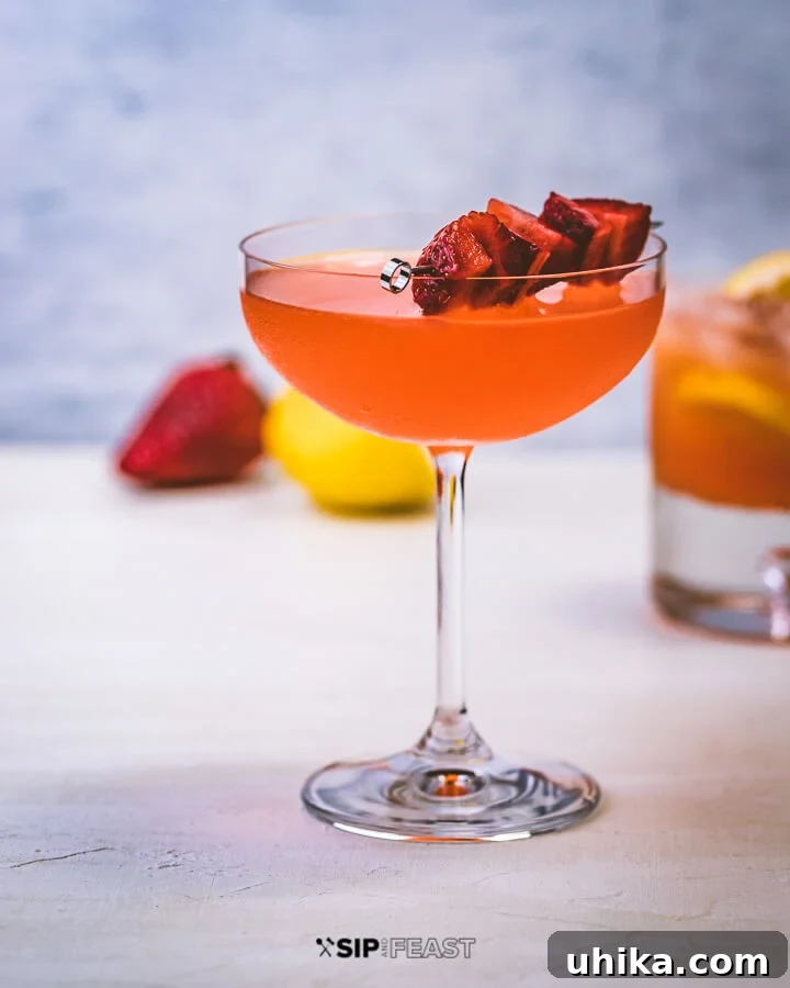 Refreshing Strawberry Lemonade Vodka Cocktail - Perfect Summer Drink A beautifully presented coupe glass filled with a sunset-colored strawberry lemonade vodka cocktail, garnished with fresh strawberries and lemon slices.