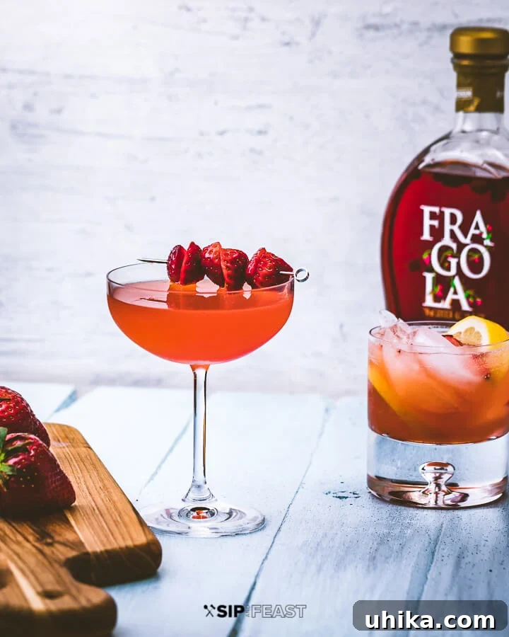 Strawberry Lemonade Vodka Setup with Ingredients A wooden cutting board displaying two glasses of strawberry lemonade vodka cocktail, fresh strawberries, and a bottle of Fragola strawberry liqueur.
