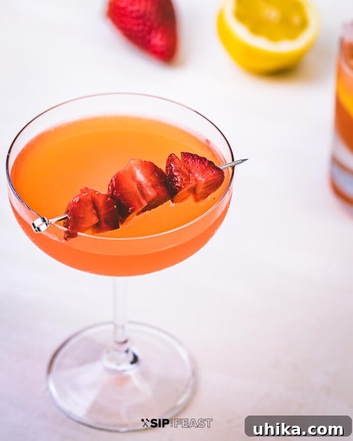 Garnished Strawberry Lemonade Vodka Cocktail A glass of strawberry lemonade vodka, beautifully garnished with a fresh strawberry, with blurred lemons and strawberries in the background.