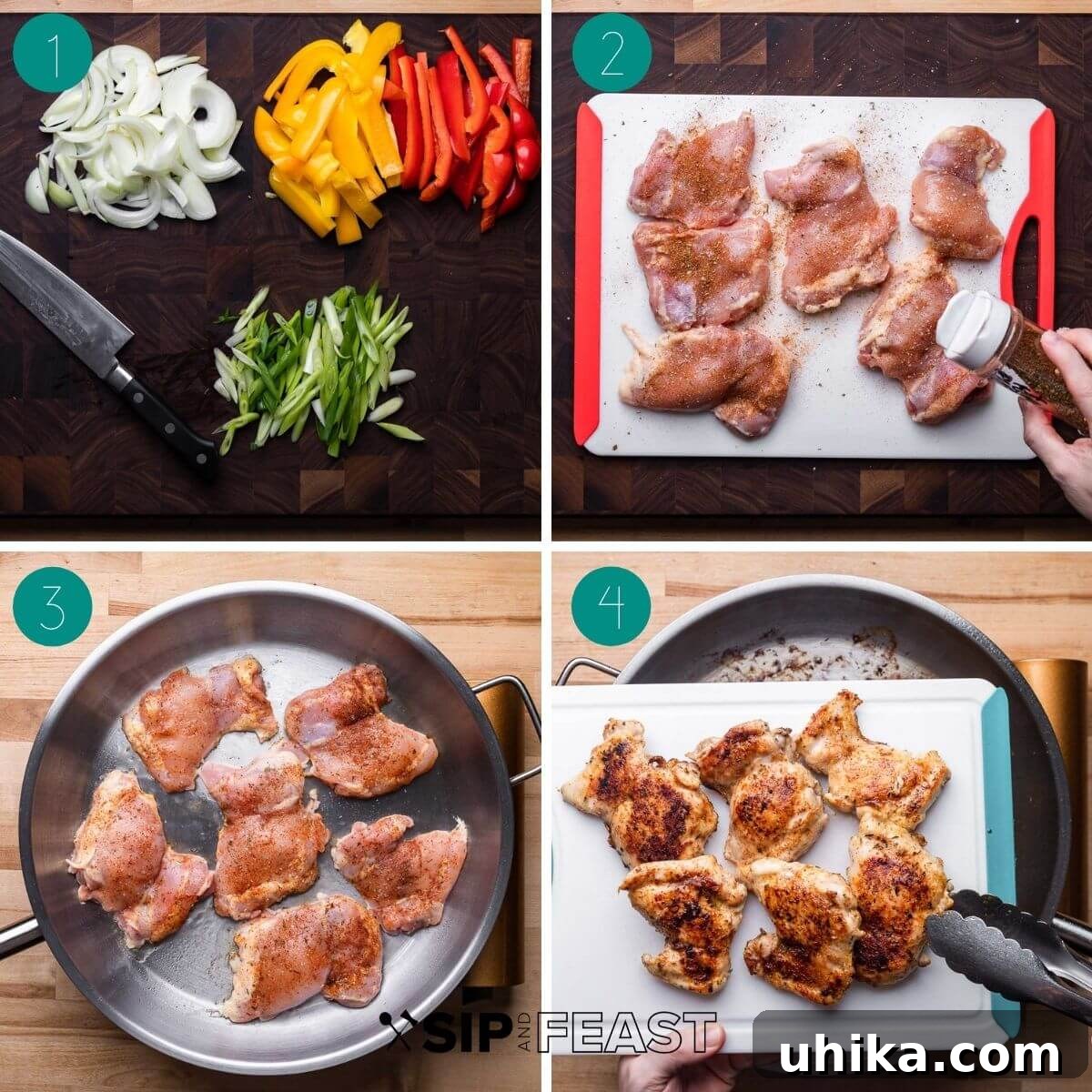 Spicy Creamy Cajun Chicken Pasta 4 Recipe process shots showing sliced vegetables, seasoned chicken, and cooked chicken.