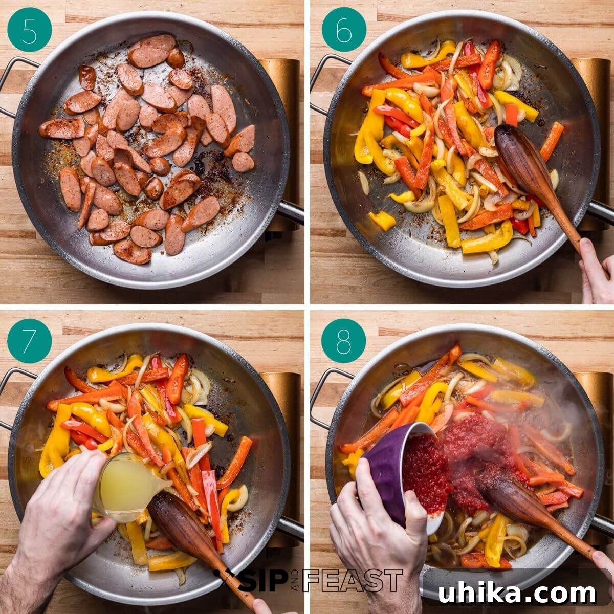 Spicy Creamy Cajun Chicken Pasta 5 Recipe process shots showing cooking sausage, sautéing vegetables, and adding liquids to the pan.