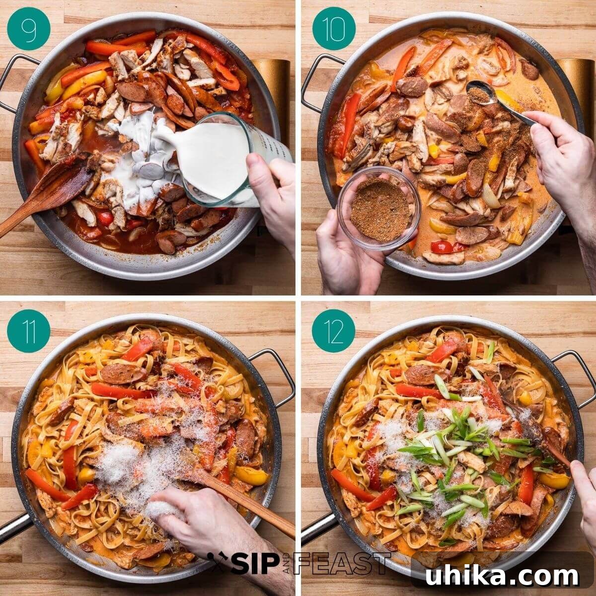 Spicy Creamy Cajun Chicken Pasta 6 Recipe process shots showing the sauce thickening, chicken being sliced, and ingredients combined in the pan.