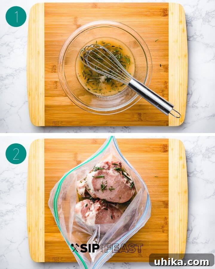 Perfectly Grilled Pork Chops 4 Collage showing marinade being whisked in a bowl and pork chops marinating in a plastic bag.