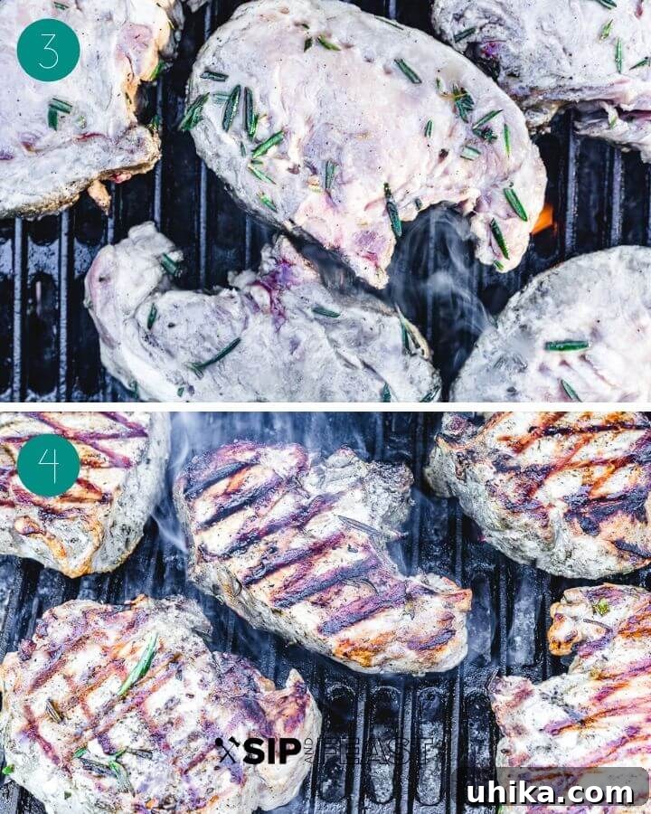Perfectly Grilled Pork Chops 5 Collage showing pork chops cooking on a hot grill, developing perfect grill marks.