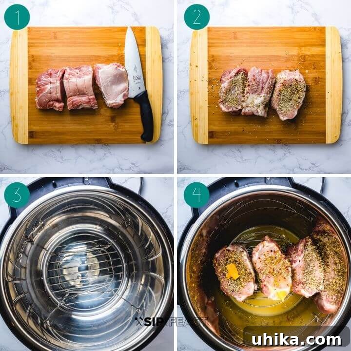 Instant Pot pulled pork recipe process shot collage group number one. Preparing the pork and seasoning for Instant Pot.