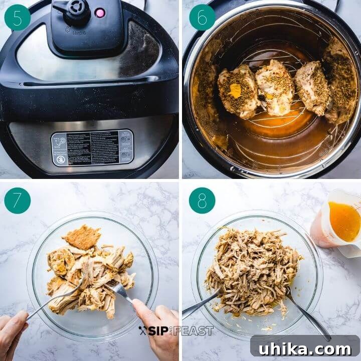Instant Pot pulled pork recipe process shot collage group number two. Instant Pot cooking process and shredding.