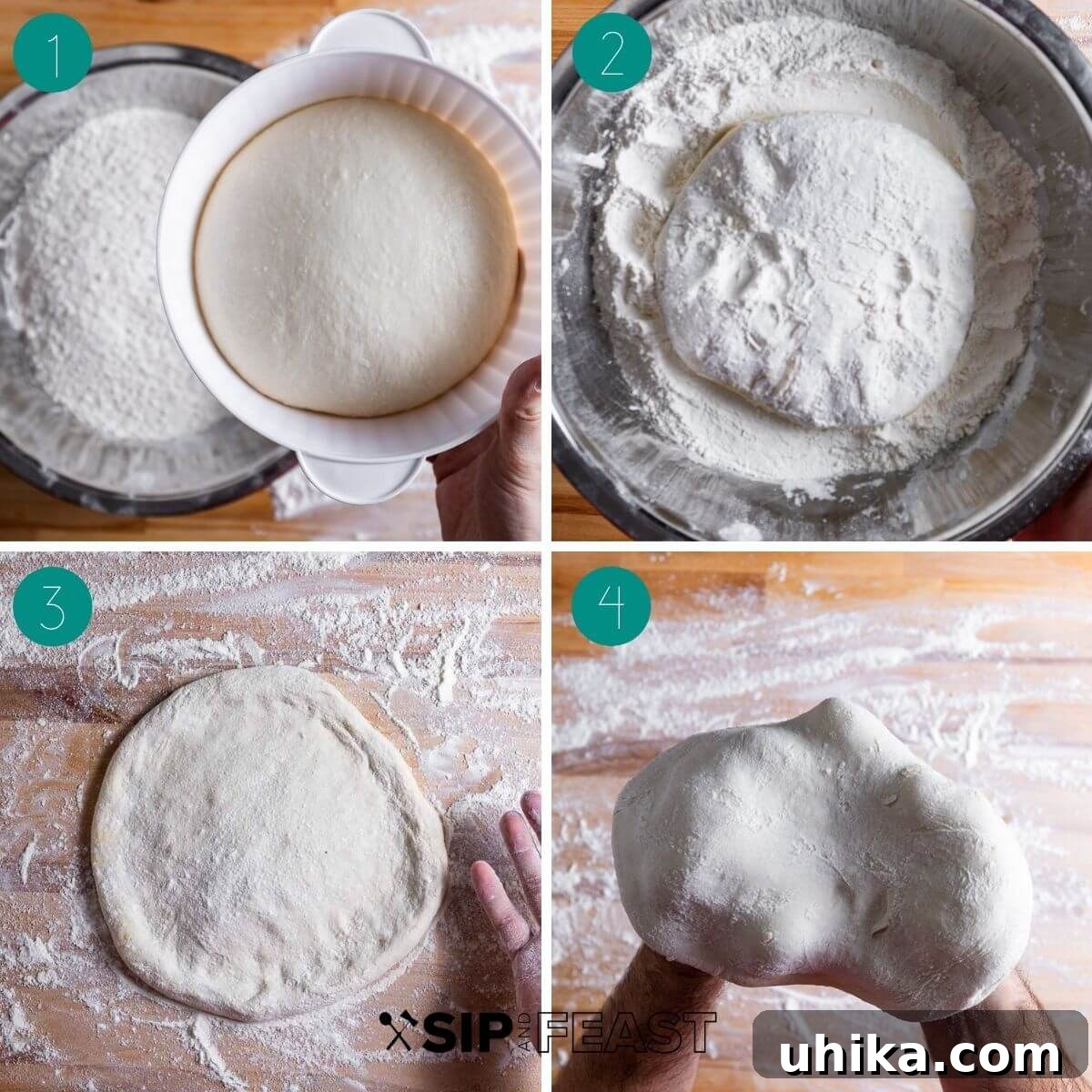 Creamy Garlic New York White Pizza 4 A collage showing the initial steps of making white pizza: dough in flour, then on a floured surface, ready for stretching.