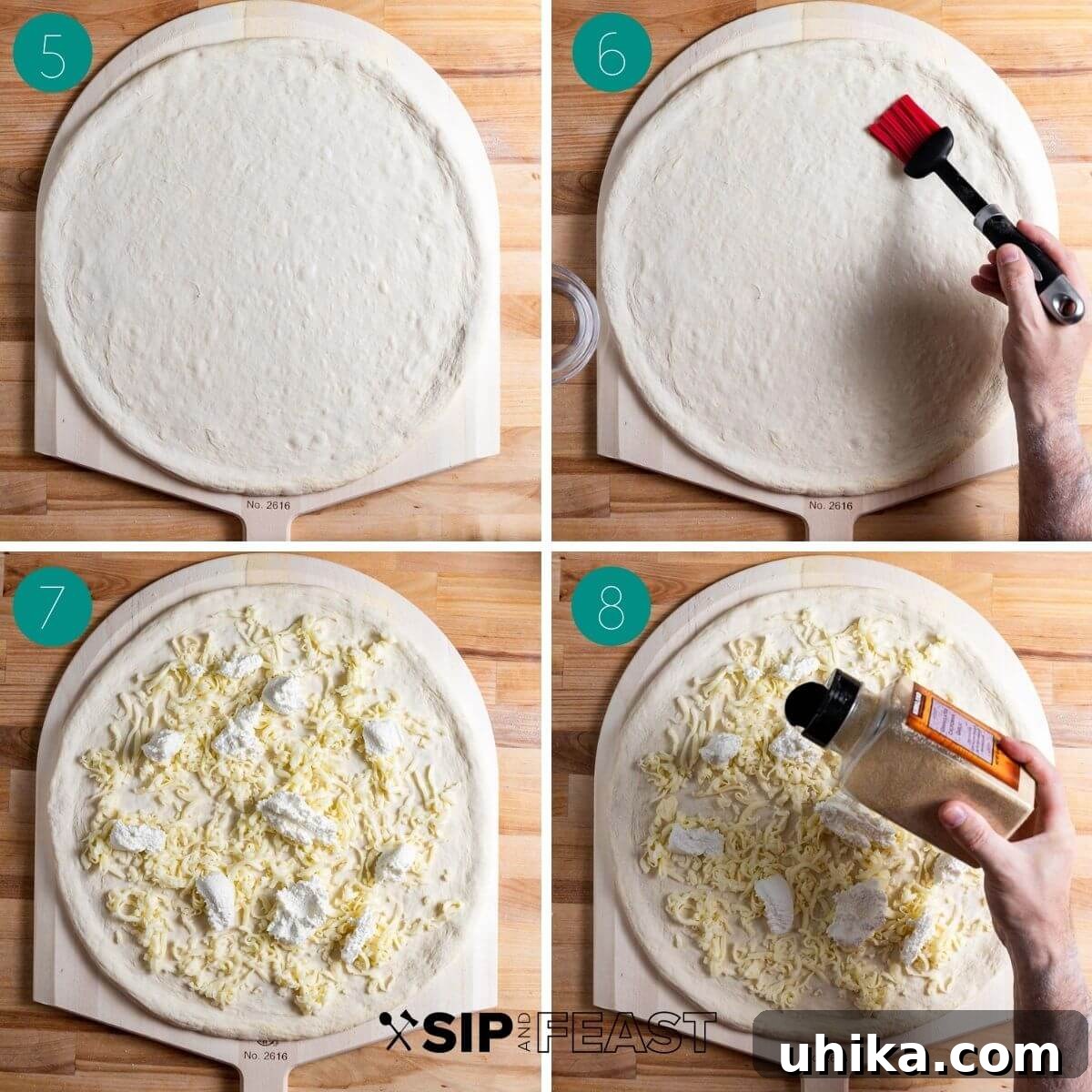 Creamy Garlic New York White Pizza 5 A collage depicting the middle steps of making white pizza: stretching the dough on knuckles, then adding water and olive oil to the base.