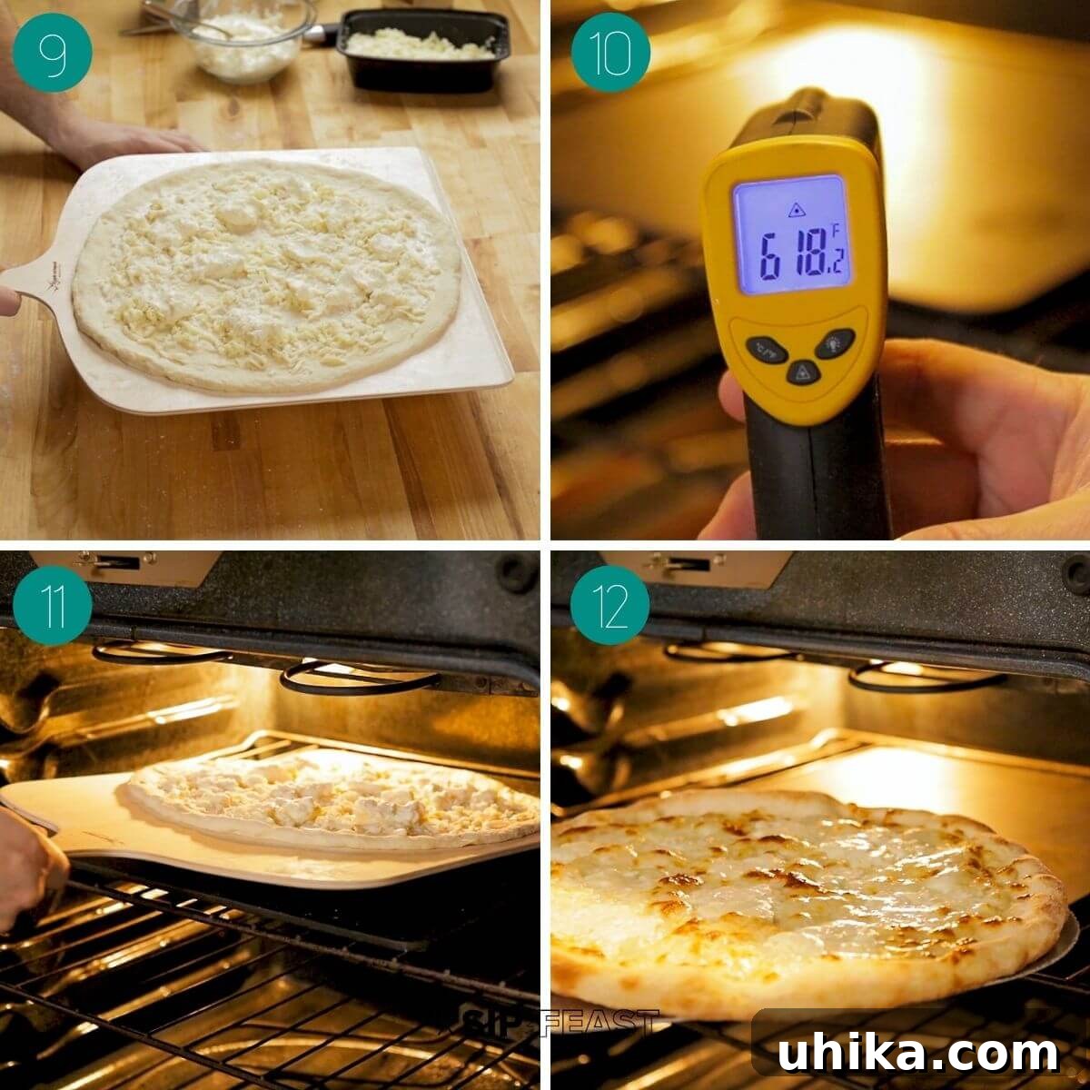 Creamy Garlic New York White Pizza 6 A collage showing the final steps of making white pizza: adding cheese and seasoning, checking steel temperature, and launching into the oven.