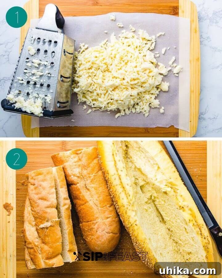 Meatball Parm Hero Preparation Steps Step-by-step collage showing preparing a meatball parm hero: preheating the oven, grating fresh mozzarella cheese, and heating meatballs in a pot of red sauce.
