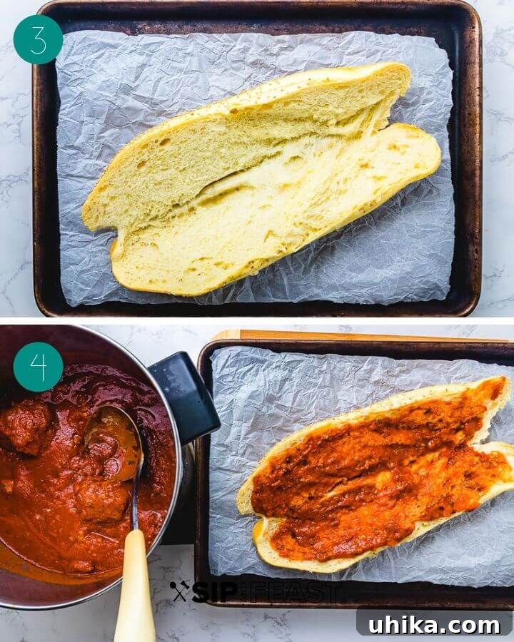 Meatball Parm Hero Bread Prep A two-part collage showing the assembly of a meatball parm hero: slicing the Italian bread and arranging it on a baking sheet lined with parchment paper.