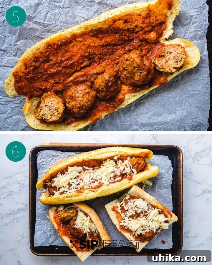 Meatball Parm Hero Layering Collage demonstrating the layering process for a meatball parm hero: spreading sauce, placing meatballs, and topping with shredded mozzarella cheese on Italian bread.