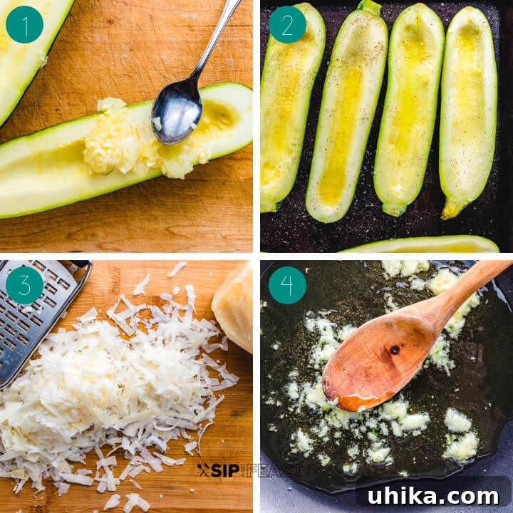 Creamy Ricotta Stuffed Zucchini 4 A visual step-by-step collage demonstrating the initial preparation of zucchini for stuffing. Images show zucchini being sliced lengthwise, seeds scooped out to form boats, and the seasoned zucchini halves arranged on a baking sheet before baking.