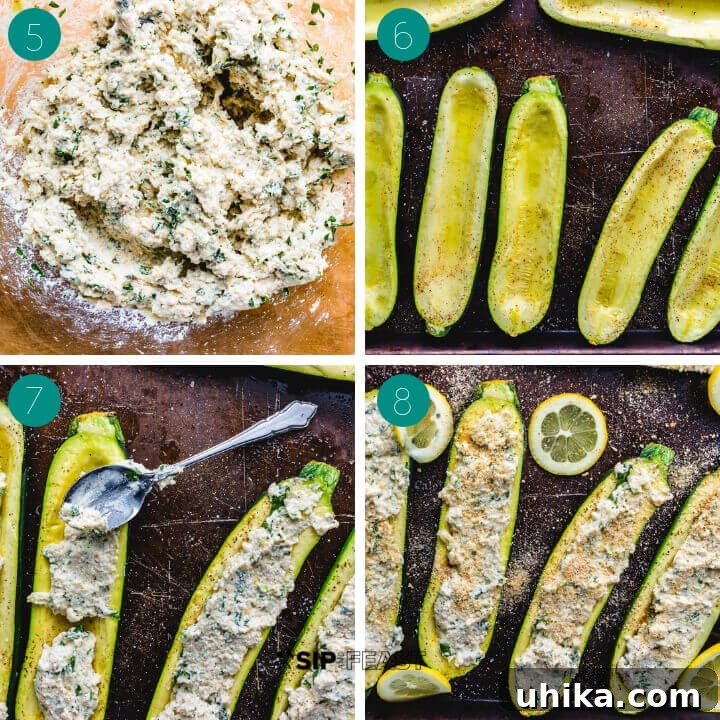 Creamy Ricotta Stuffed Zucchini 5 A visual step-by-step collage illustrating the preparation of the creamy lemon ricotta stuffing. Images show minced garlic sizzling in olive oil, a bowl of the perfectly mixed ricotta stuffing, and baked zucchini boats cooling, ready for filling.