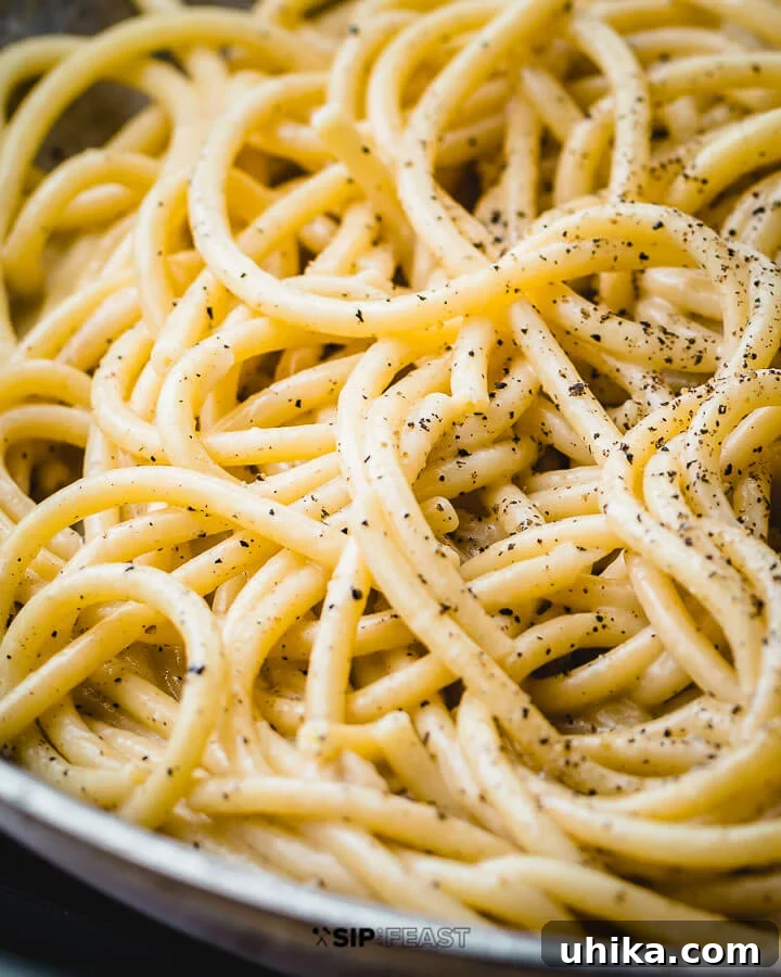 Authentic Bucatini Cacio E Pepe Recipe - Creamy Italian Pasta Freshly made Cacio e pepe in a pan, garnished with a generous sprinkle of black pepper, ready to be served.