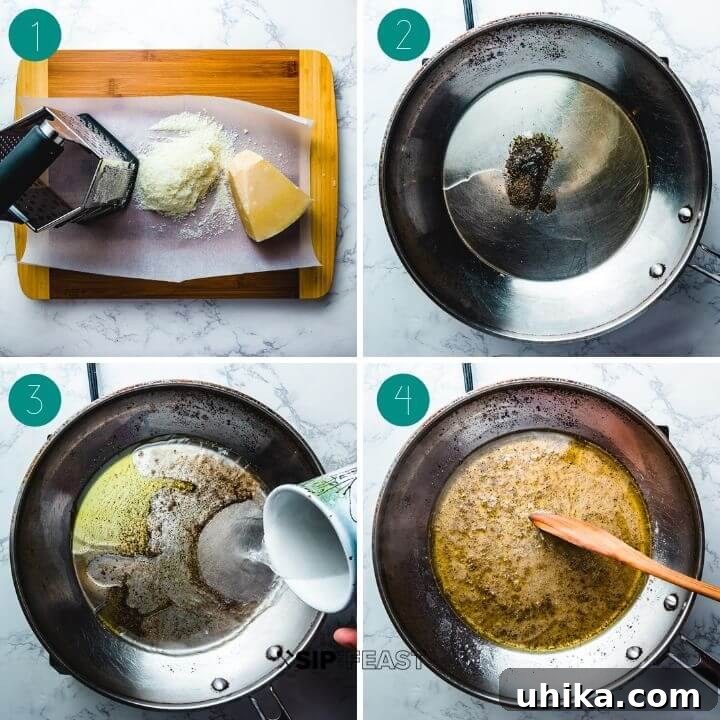 Cacio E Pepe Recipe Step by Step - Italian Pasta Guide A visual collage showing the first three steps of Cacio e pepe preparation: boiling pasta, grating Pecorino Romano, and toasting black pepper in a pan with olive oil.