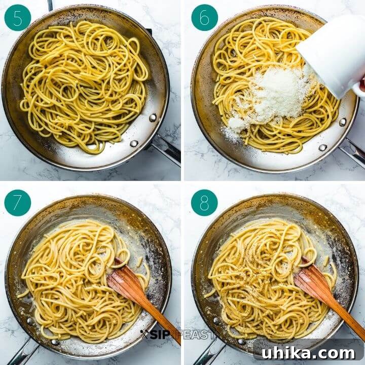 Cacio E Pepe Cooking Process - Sauce Emulsification A process shot collage displaying the final steps of making Cacio e pepe: adding pasta water to pepper, mixing pasta in the pan, adding cheese, and stirring vigorously to achieve a creamy sauce.