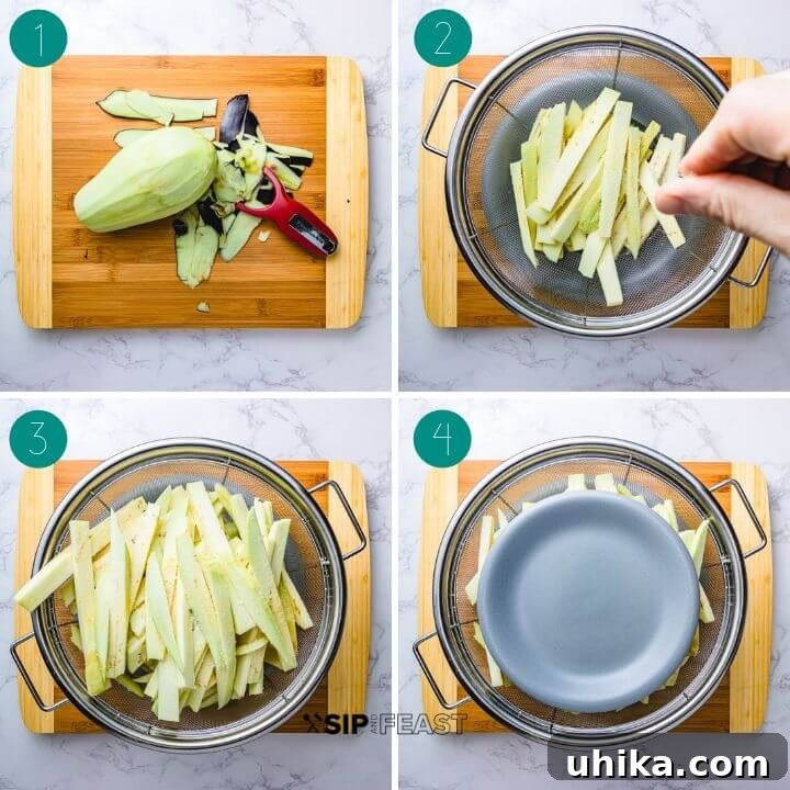 Initial Steps: Prepping and Salting Eggplant for Pickling Recipe process shot collage group number one, showing eggplant being peeled, sliced, and salted in a colander with a plate underneath.