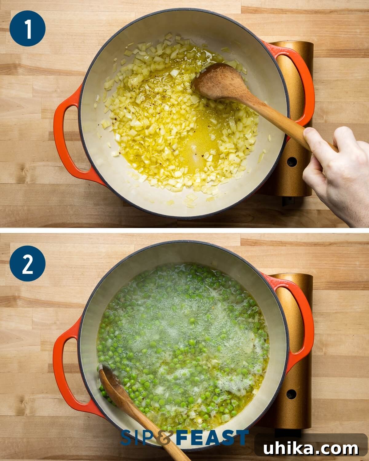 Sweet Pea Pasta 4 A recipe collage showing the initial steps of making pasta e piselli. The first image depicts diced onions being gently sautéed in olive oil. The second image shows frozen peas being added to boiling water along with salt, preparing the base for the pasta.