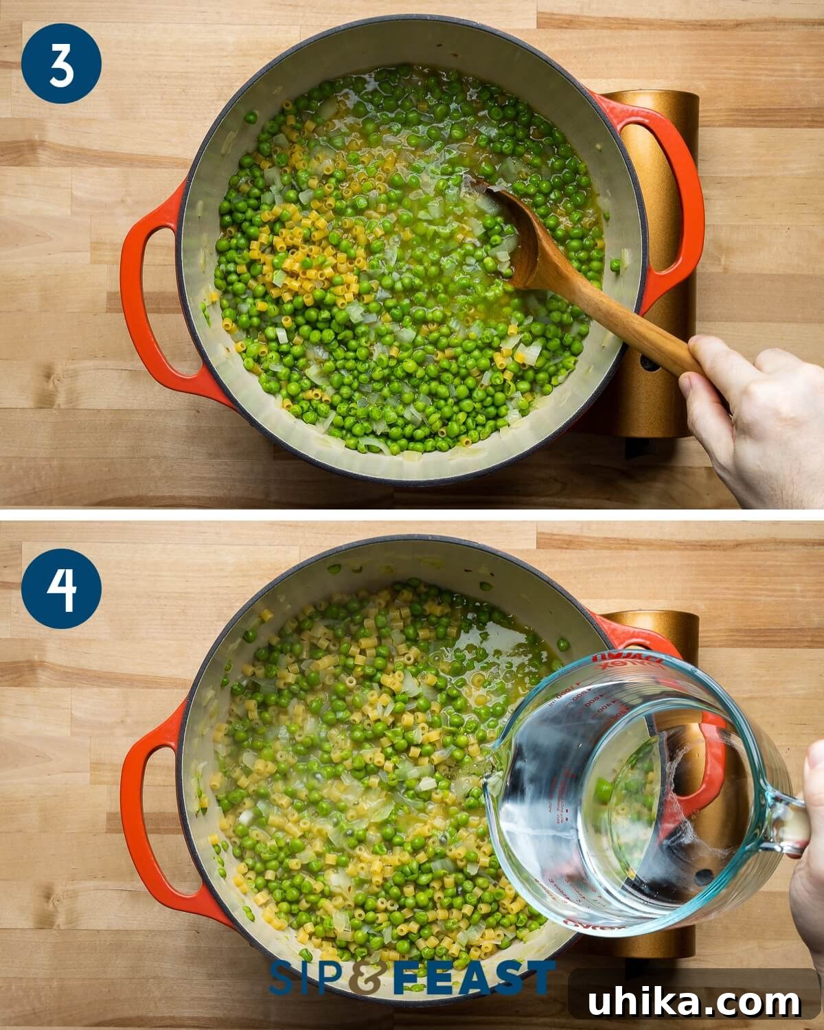 Sweet Pea Pasta 5 A two-part recipe collage illustrating the cooking process of pasta e piselli. The first image shows ditalini pasta being stirred into the pot with the pea and onion mixture. The second image captures additional water being added to the pot as the pasta simmers, ensuring proper consistency.