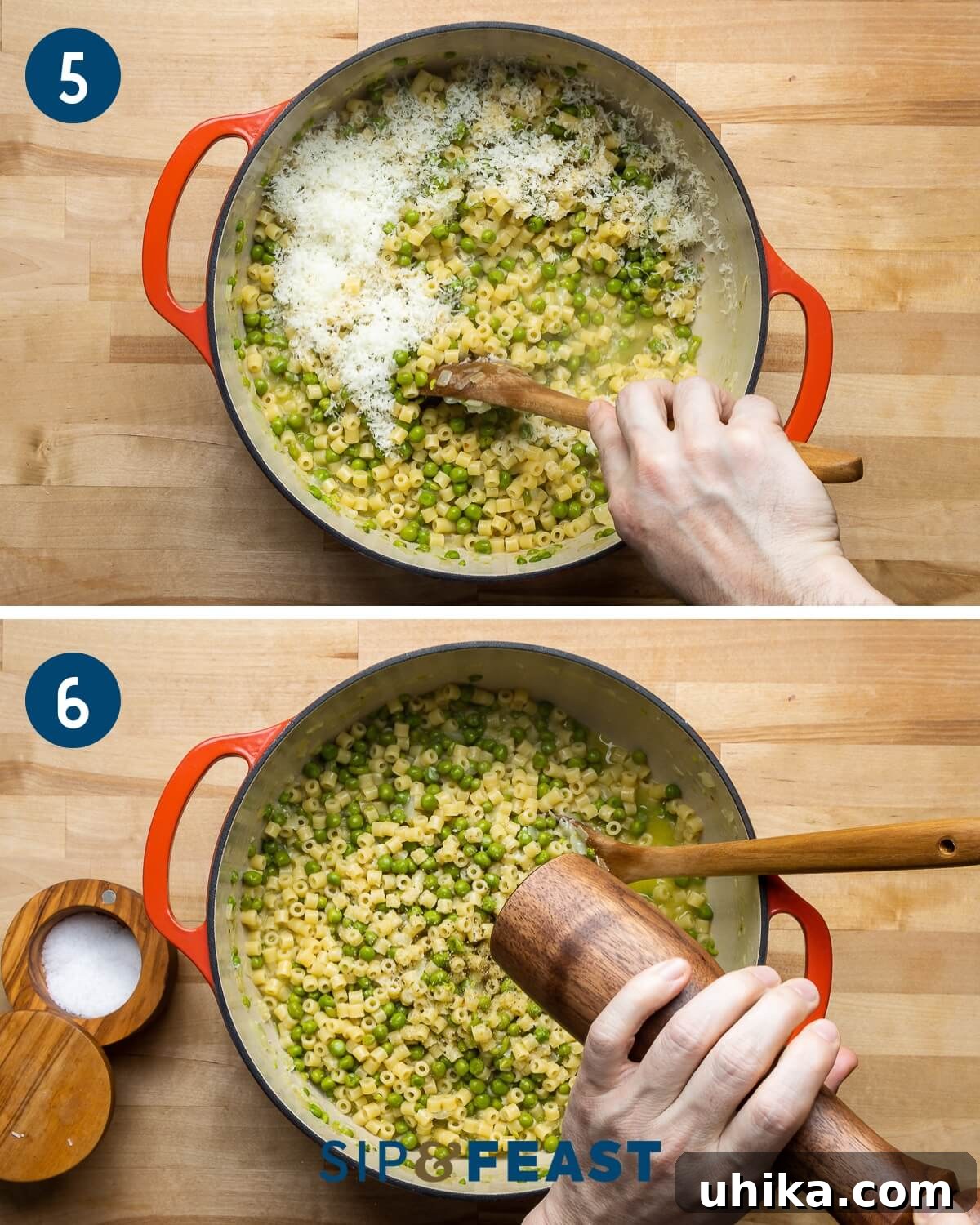 Sweet Pea Pasta 6 A three-panel recipe collage showing the final steps of preparing pasta e piselli. The first panel shows grated Pecorino cheese being stirred into the cooked pasta and peas. The second panel captures the seasoning process. The third panel displays the finished pasta e piselli dish being served, garnished with fresh olive oil and more grated cheese.