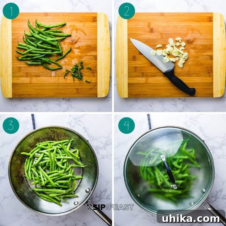 Italian Green Beans - sipandfeast.com #italian #greenbeans #sidedish Italian green beans with garlic and oil process shot collage group number one. Step-by-step images showing green bean trimming and garlic preparation.