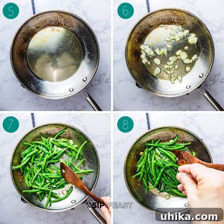 Italian Green Beans - sipandfeast.com #italian #greenbeans #sidedish Italian string beans process shot collage group number two. Images depicting blanching green beans and sautéing garlic.