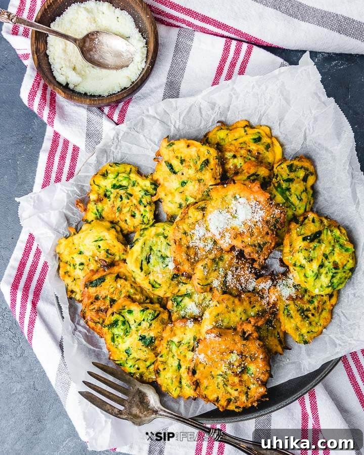 Zucchini Fritters - sipandfeast.com #zucchini #fritters #italian Plate of zucchini fritters on towels with bowl of cheese on the side.