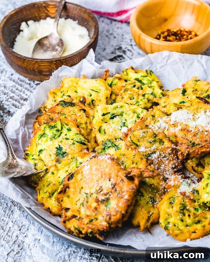 Zucchini Fritters - sipandfeast.com #zucchini #fritters #italian Zucchini fritters in large plate with bowl of Pecorino Romano cheese and crushed red pepper flakes in background.