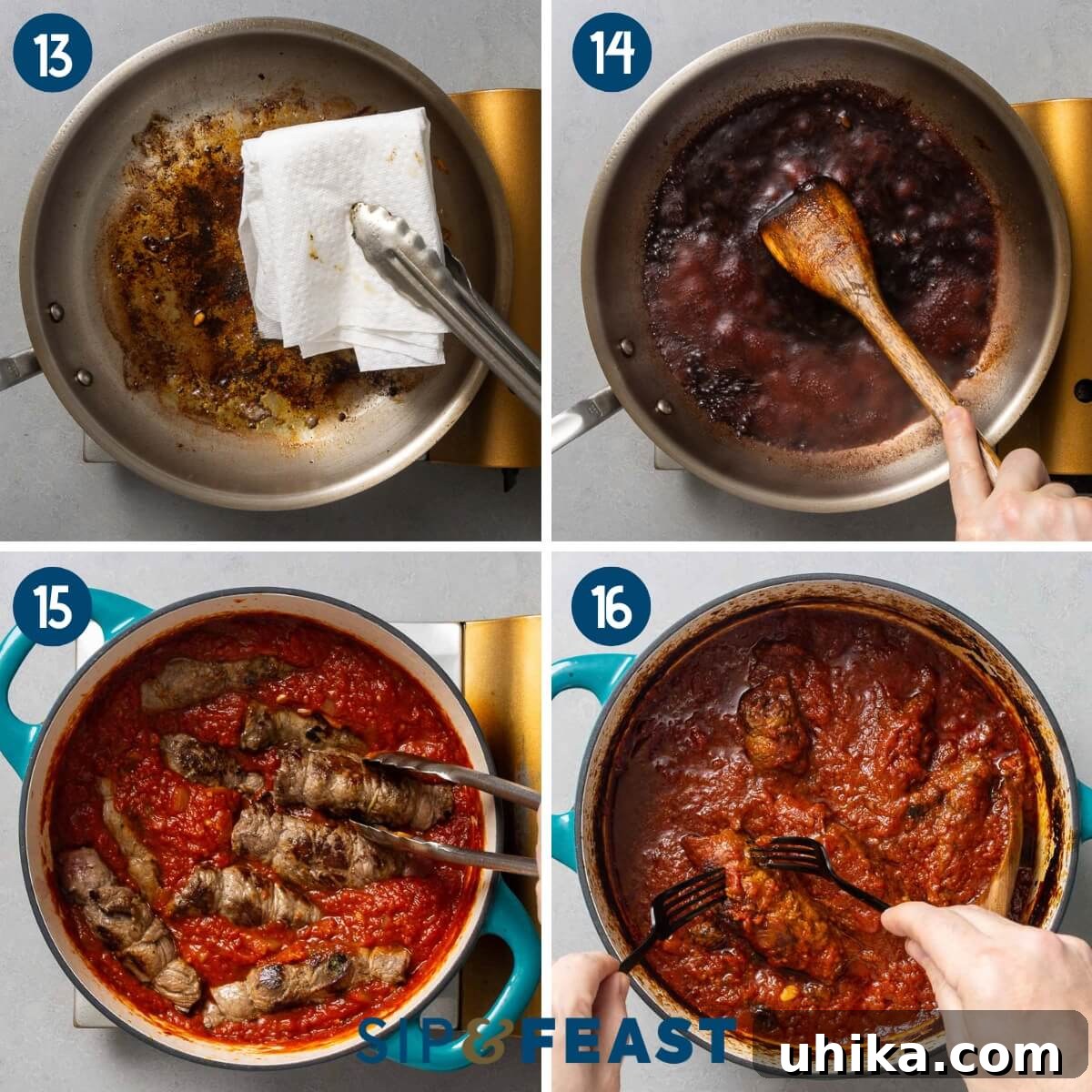 Braised Italian Beef Pinwheels 7 Recipe collage four showing deglazing of pan with red wine, adding braciole to the pot of sauce, and testing for tenderness.