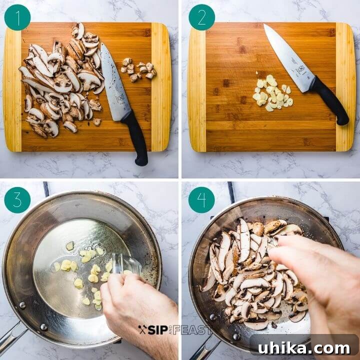 Sauteed mushrooms recipe process shot collage of four images.