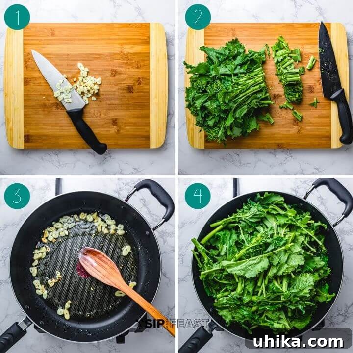 Broccoli Rabe Prep Steps - Sip & Feast #recipeinstructions #garlicprep #vegetabletrimming Collage of step-by-step photos for sautéing broccoli rabe: minced garlic, and trimmed broccoli rabe stems.