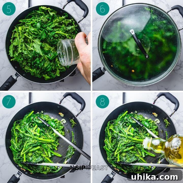 Broccoli Rabe Cooking Steps - Sip & Feast #sauteedgreens #quickrecipes #healthycooking Collage of step-by-step photos for sautéing broccoli rabe: garlic sautéing, broccoli rabe in pan, and steaming with lid on.