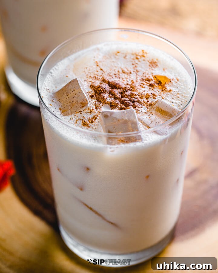 Pumpkin Spice Bourbon Velvet Punch 3 Close up shot of pumpkin spice bourbon milk punch.