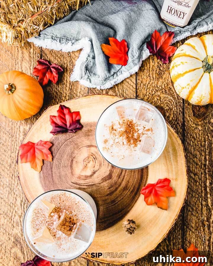 Pumpkin Spice Bourbon Velvet Punch 6 Two glasses with pumpkin spice bourbon milk punch, decorative leaves and pumpkins on a table top.