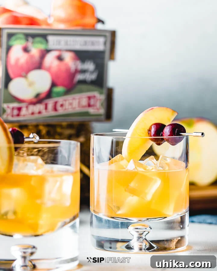 Two glasses filled with Apple Cider Old Fashioned, garnished with apple slices and cherries, with an apple in the background.