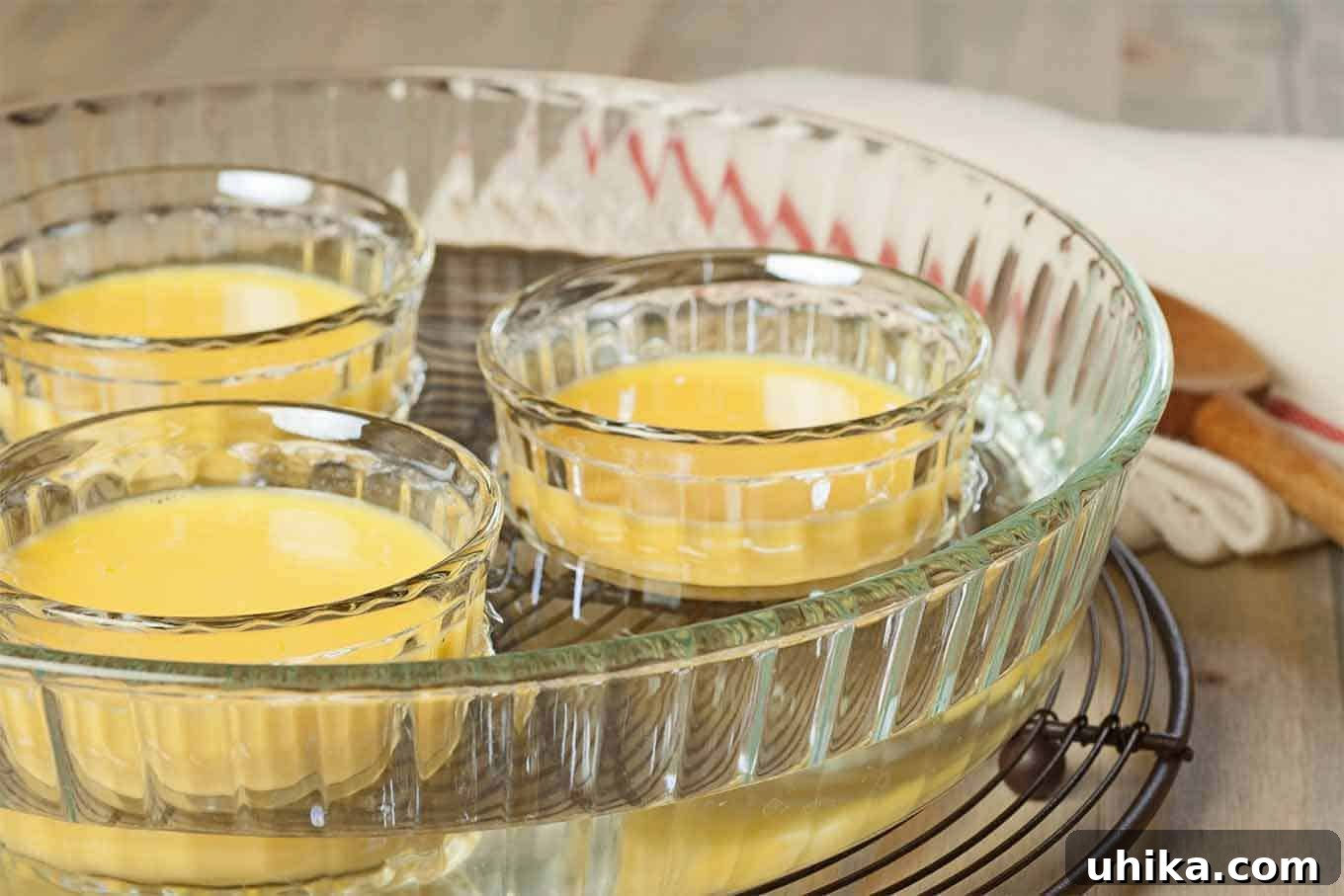 Master the Art of Bain-Marie Cooking 2 A clear glass baking dish half filled with water, with clear custard cups set inside to illustrate how to cook using a water bath (bain-marie).