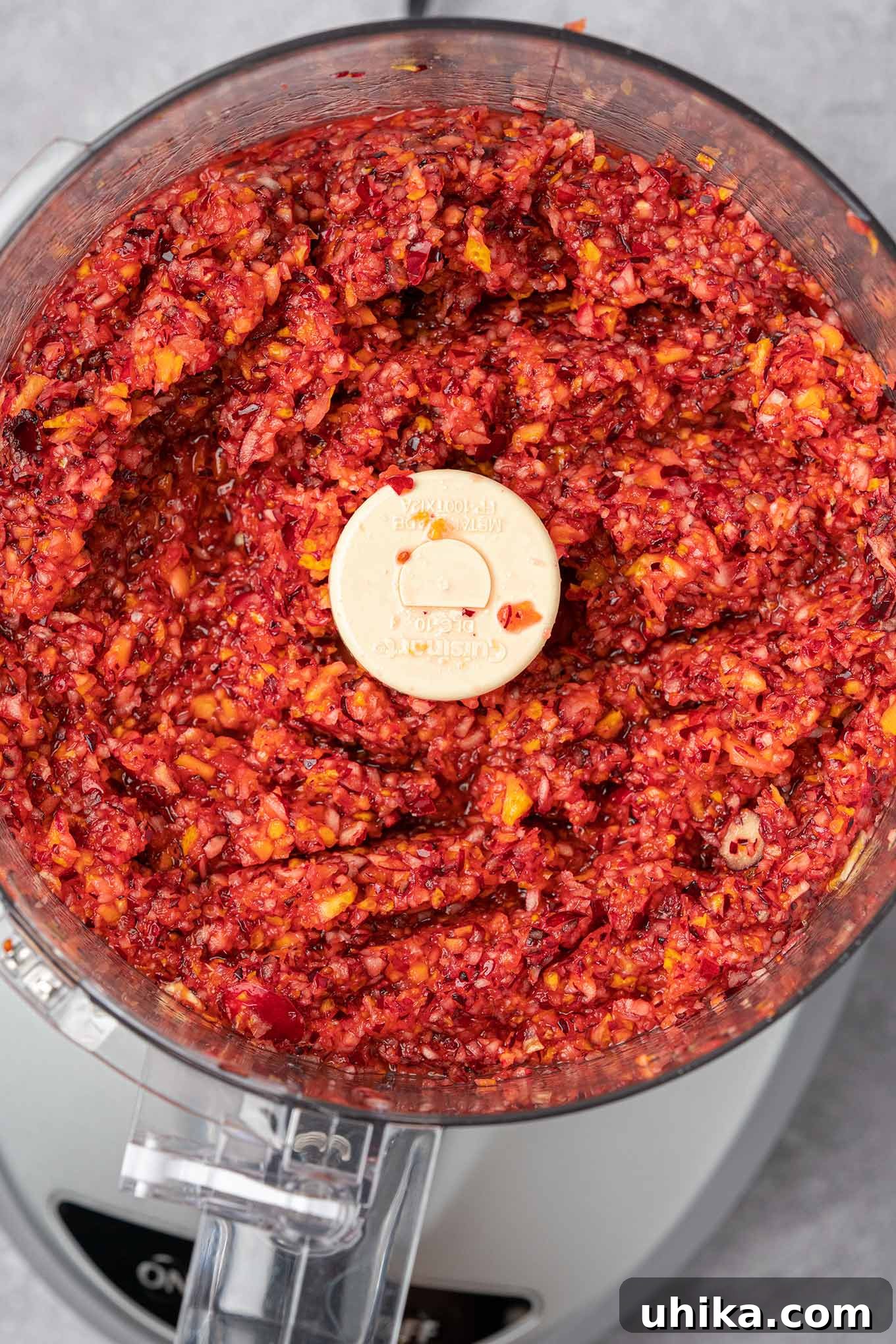Vibrant Cranberry Orange Relish 4 The work bowl of a food processor filled with fresh cranberries, a whole orange, and sugar that have been processed to a proper relish consistency.