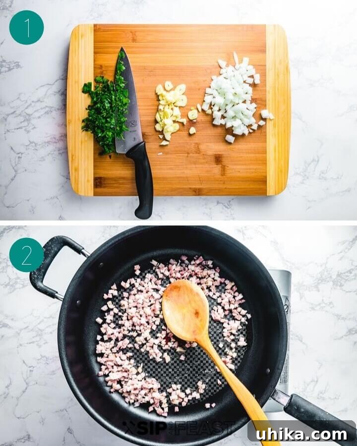 Collage showing diced onion, sliced garlic, minced parsley, and raw shell pasta as initial preparation steps.