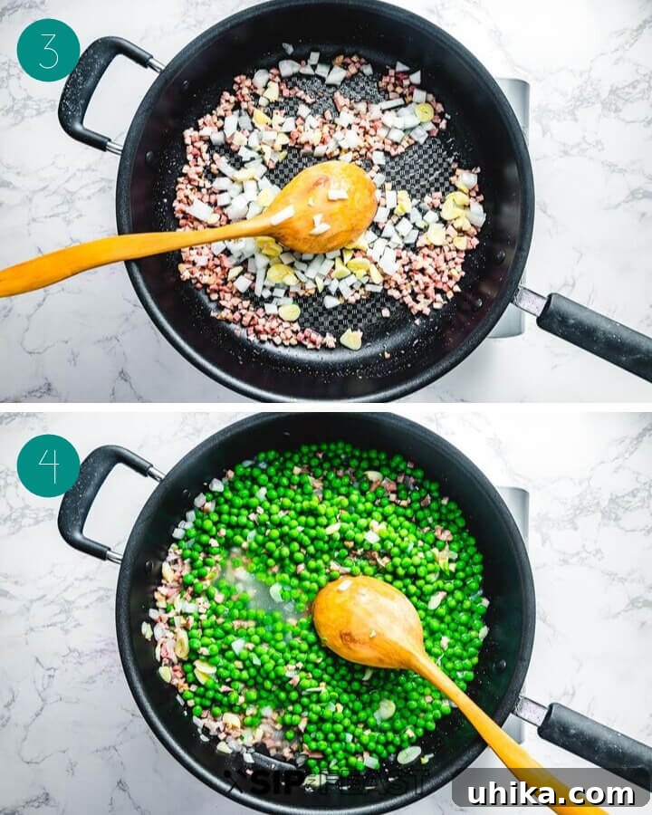 Collage illustrating pancetta sautéing in a pan, followed by the addition of onions and garlic, cooking to a golden hue.