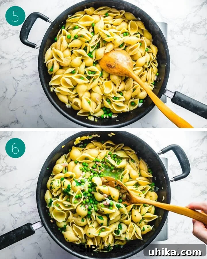 Collage showing frozen peas added to the pan, then the al dente pasta shells are stirred in.