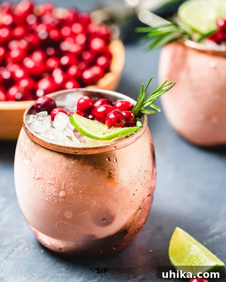 Cranberry Moscow Mule - sipandfeast.com #cranberry #winterdrinks #holidaydrinks Two gleaming copper mugs filled with frosty Cranberry Moscow Mule cocktails, adorned with fresh cranberries and rosemary, beside a small bowl of plump cranberries.