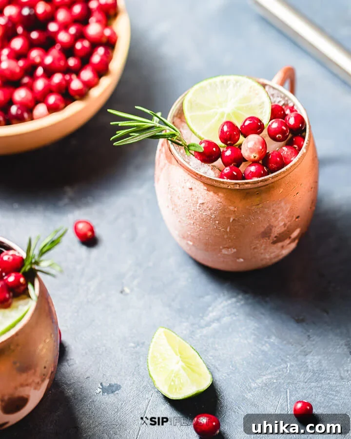 Cranberry Moscow Mule - sipandfeast.com #cranberry #winterdrinks #holidaydrinks A rustic bowl brimming with fresh cranberries, flanked by two shining copper mugs, each holding a perfectly crafted Cranberry Moscow Mule.