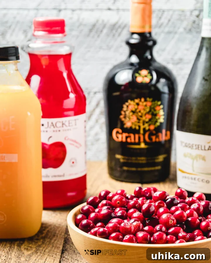 A flat lay photograph showcasing all the ingredients for a Cranberry Mimosa: bottles of orange juice, cranberry juice, and Gran Gala orange liqueur, a bottle of Prosecco, and a small bowl filled with fresh cranberries.