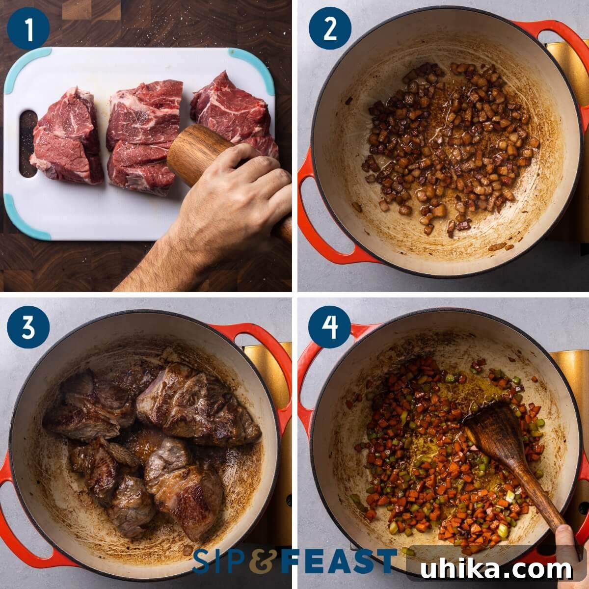 Hearty Genovese Slow-Cooked Pasta 4 Pasta alla Genovese recipe collage group one showing seasoning of chuck roast, sauteing pancetta, searing beef, and sauteing soffritto.