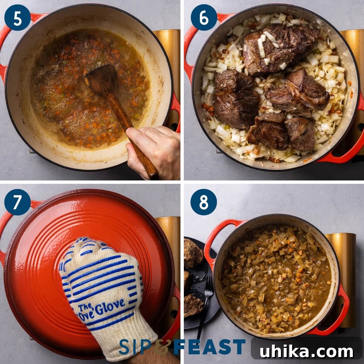 Hearty Genovese Slow-Cooked Pasta 5 Collage two showing deglazing pot with wine, adding beef and onions to pot, covering the pot, and removing the beef from the pot.